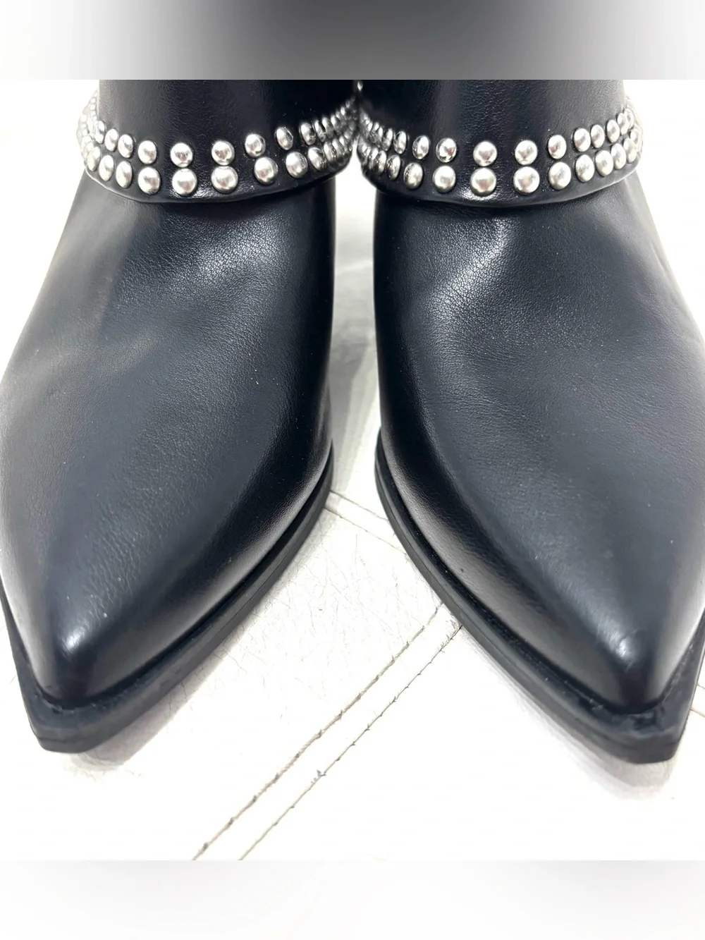 Michael Shanon Royce Fold Over Black Studded Pointed Ankle Booties